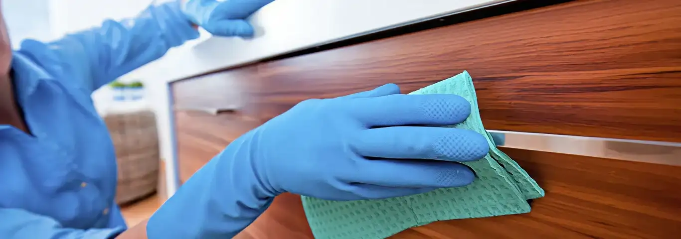 Cleaner wearing blue gloves wiping a wooden cabinet drawer with a microfiber cloth for dust and grime removal, Bradenton, FL.