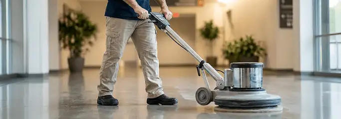 Professional technician using an industrial floor buffer to polish and maintain shiny commercial flooring in a corporate hallway in Bradenton, FL.