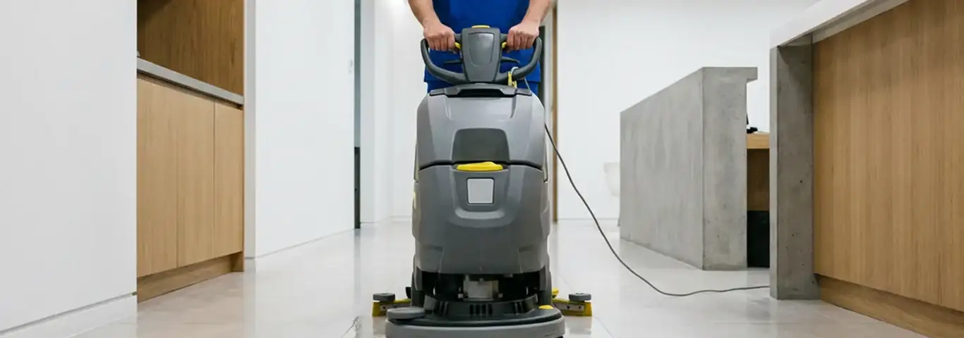 Janitorial staff using a floor scrubber machine to clean a commercial hallway, Bradenton, FL.