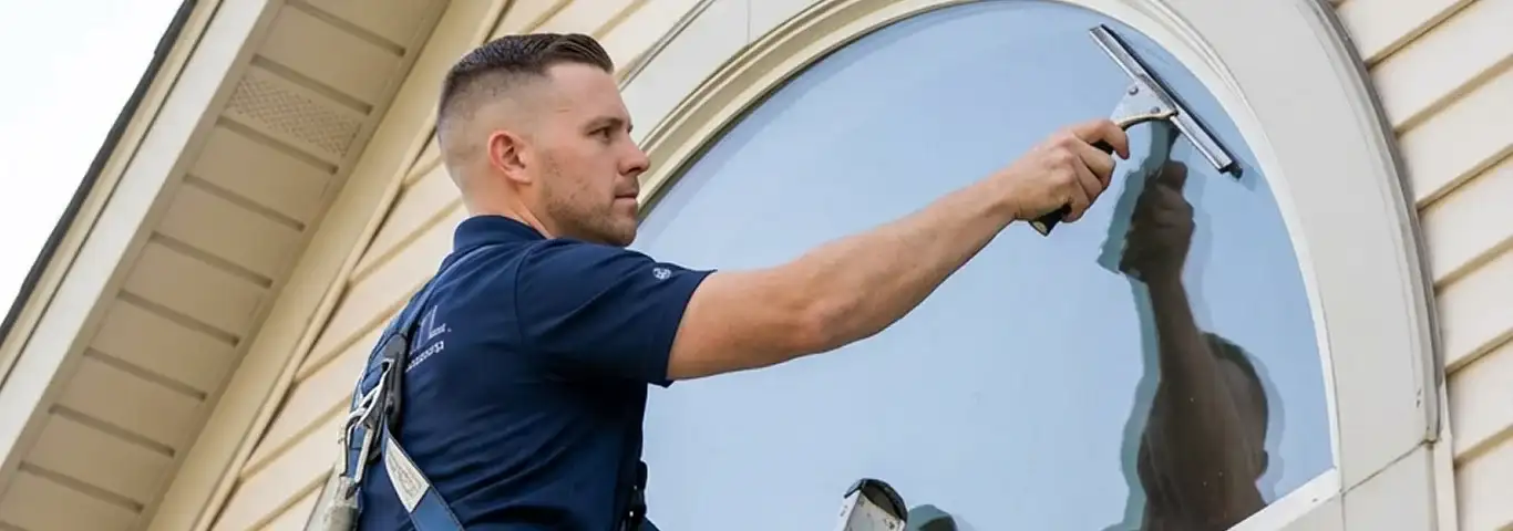 Professional window cleaner using a squeegee to clean an exterior arched window on a home, Bradenton, FL.