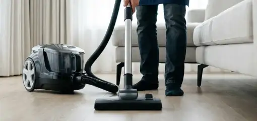 Professional house cleaner vacuuming a living room floor with a canister vacuum cleaner, Bradenton, FL.