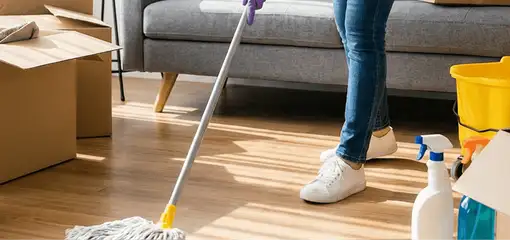 Move-out cleaning setup with a cleaner mopping hardwood floors near moving boxes and cleaning supplies, Bradenton, FL.