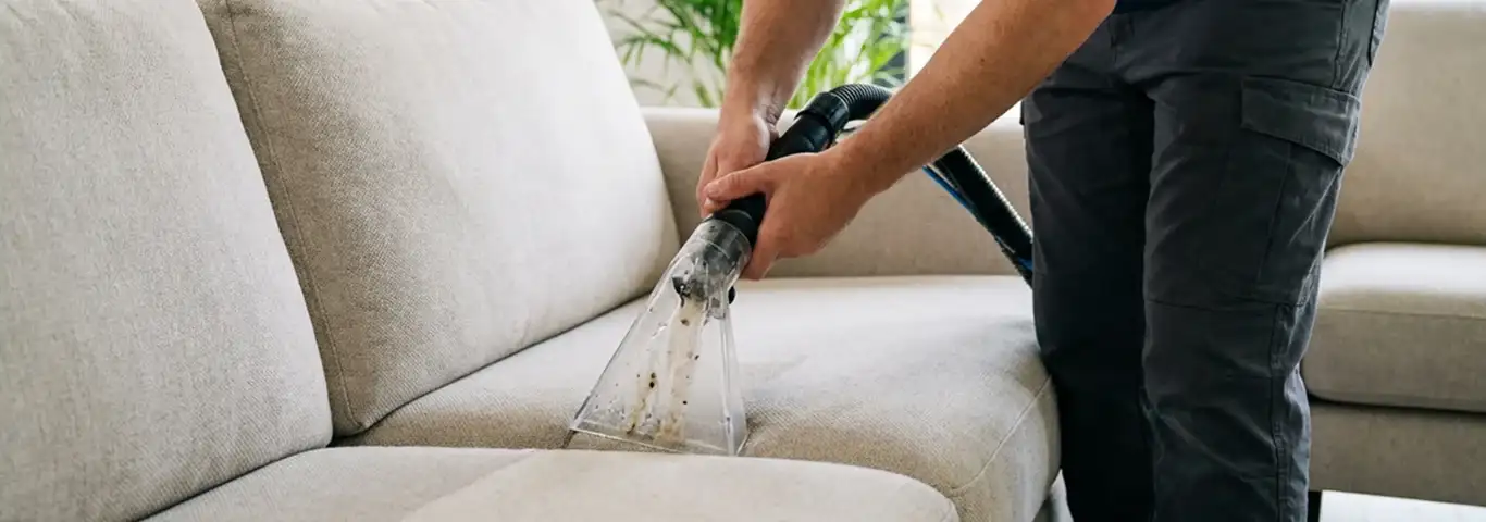 Technician extracting dirt and moisture from a fabric sofa with an upholstery cleaning wand, Bradenton, FL.