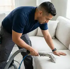 Professional upholstery cleaning technician using an extraction wand to deep-clean a fabric sofa, Bradenton, FL.