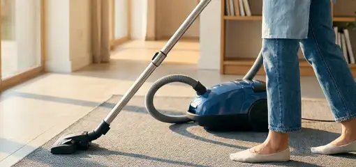 Person vacuuming a living room rug with a canister vacuum cleaner near large windows, Bradenton, FL.